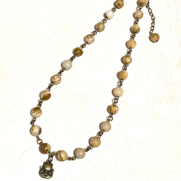 Genuine Yellow Picture Jasper Short Necklace, Cute Bronze Fortune Cat + Gemstone - Picture 12 of 15